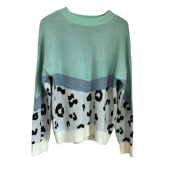 Andree by Unit Mint Leopard Colorblock Sweater Size M Coquette Cozy Soft - Picture 2 of 8